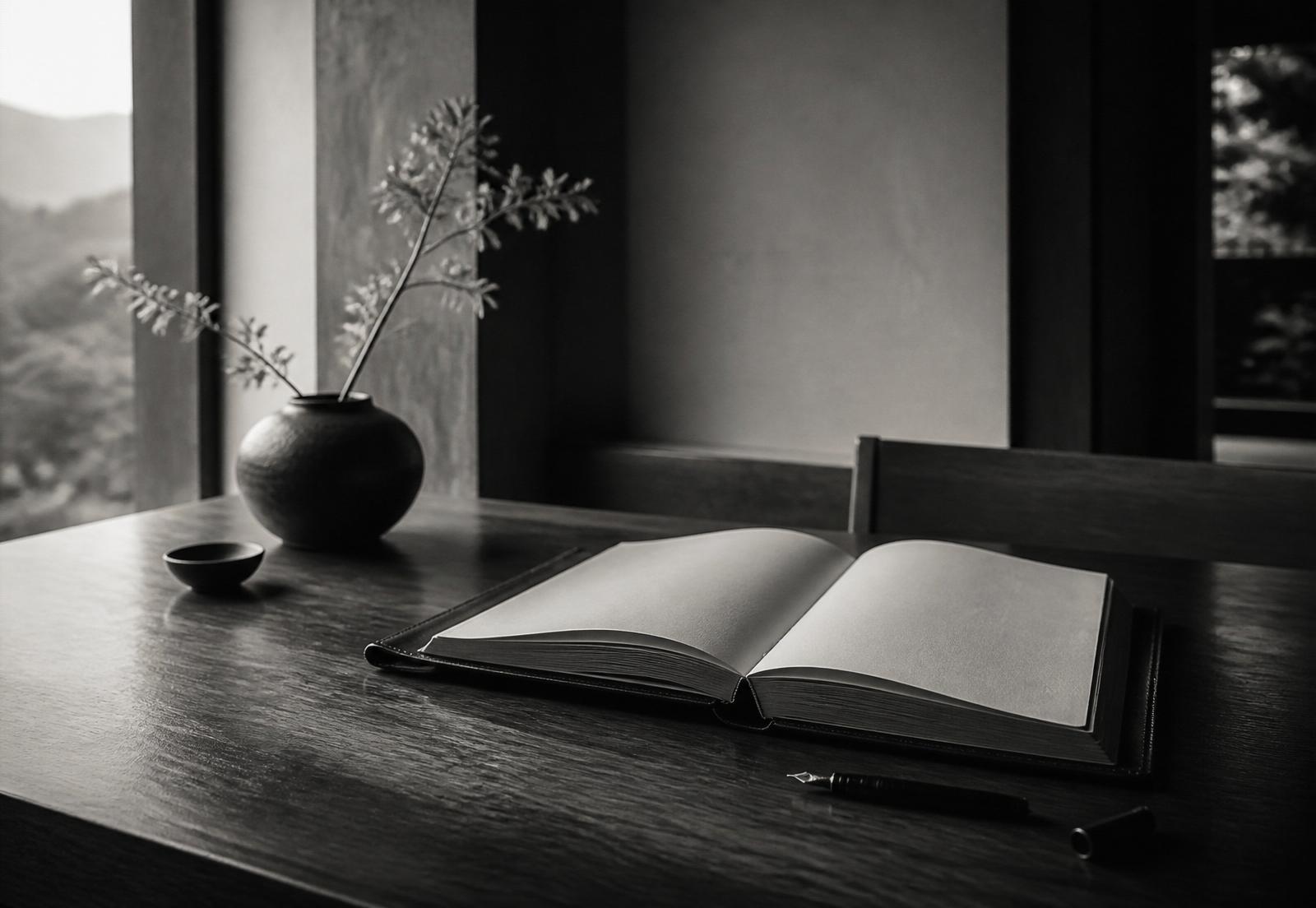 An open leather journal on a wooden desk beside a window, soft morning light.