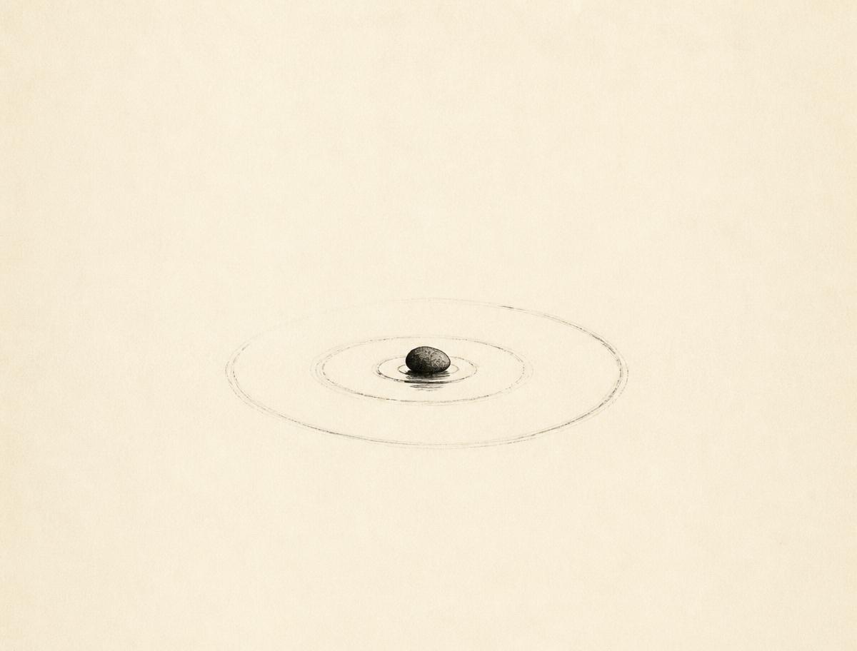 A single stone dropped into still water, drawing one quiet ripple.